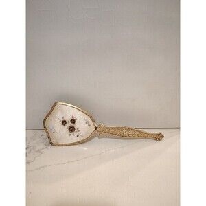 Vintage Gold Tone Hard Bristle Hair brush floral Rose Made In USA